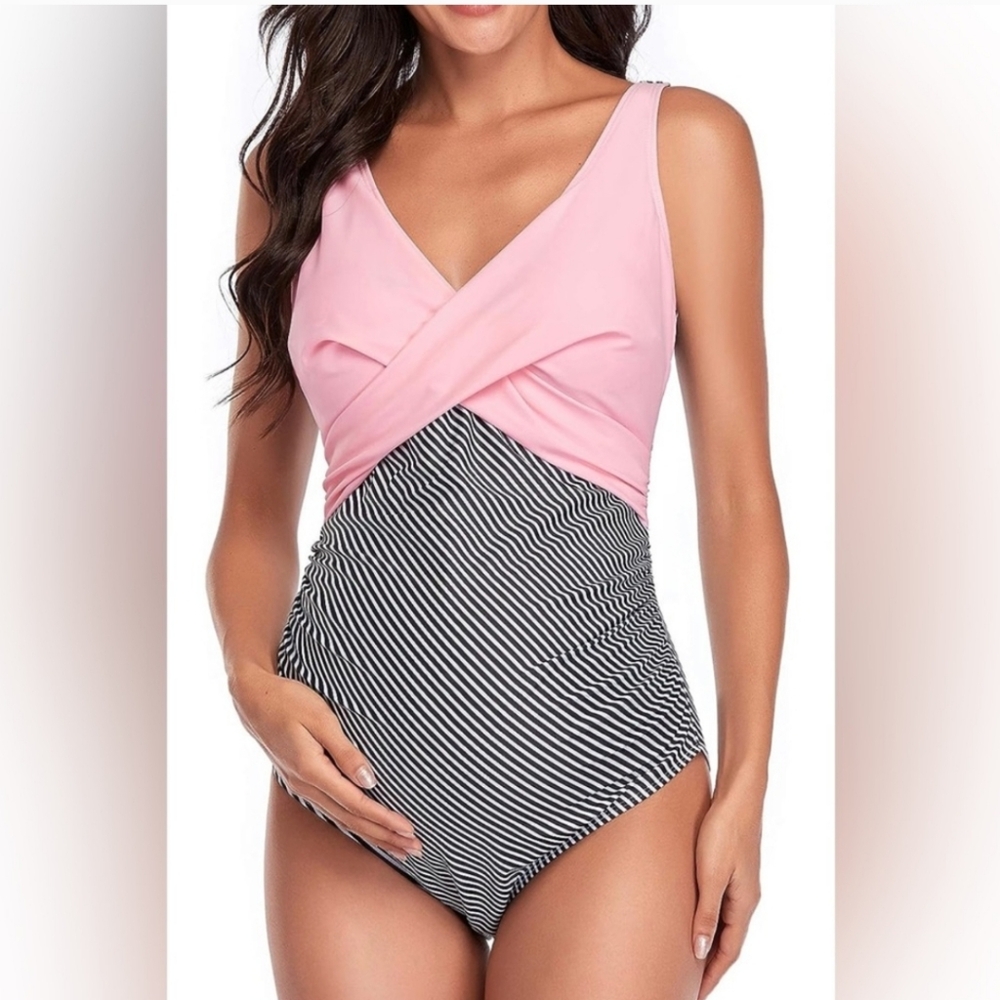 Pink and Black Striped Women's Swimsuit